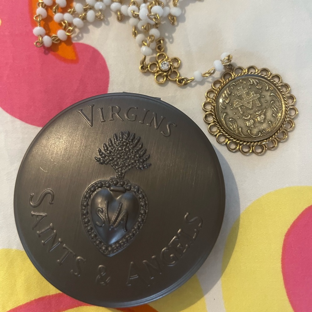 VIRGIN SAINTS AND ANGELS Rosary Necklace gold/white glass beads. Like new.